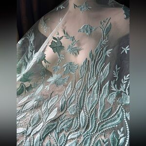 Mint Green Floral Embroidered Lace Fabric Panel